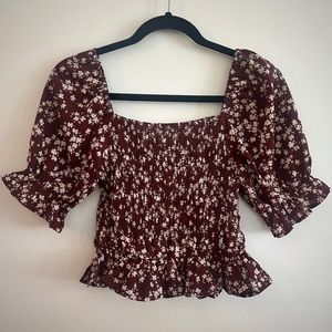 Cropped Rouged Flower Print Maroon Blouse Cap Sleeve